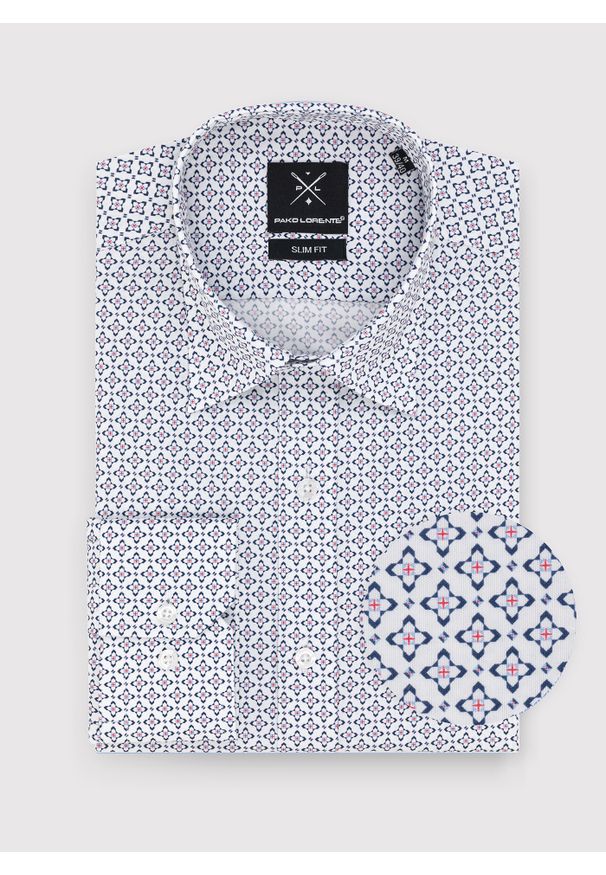 Pako Lorente - PAKO LORENTE – Biała koszula w niebieski mikrowzór. Kolor: niebieski, wielokolorowy, biały. Materiał: bawełna, elastan. Długość rękawa: długi rękaw. Długość: długie