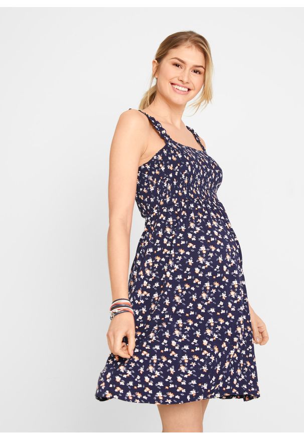 bonprix - Sukienka ciążowa z dżerseju, ze zrównoważonej wiskozy. Kolekcja: moda ciążowa. Kolor: niebieski. Materiał: wiskoza, jersey. Wzór: nadruk, aplikacja, kwiaty. Sezon: lato