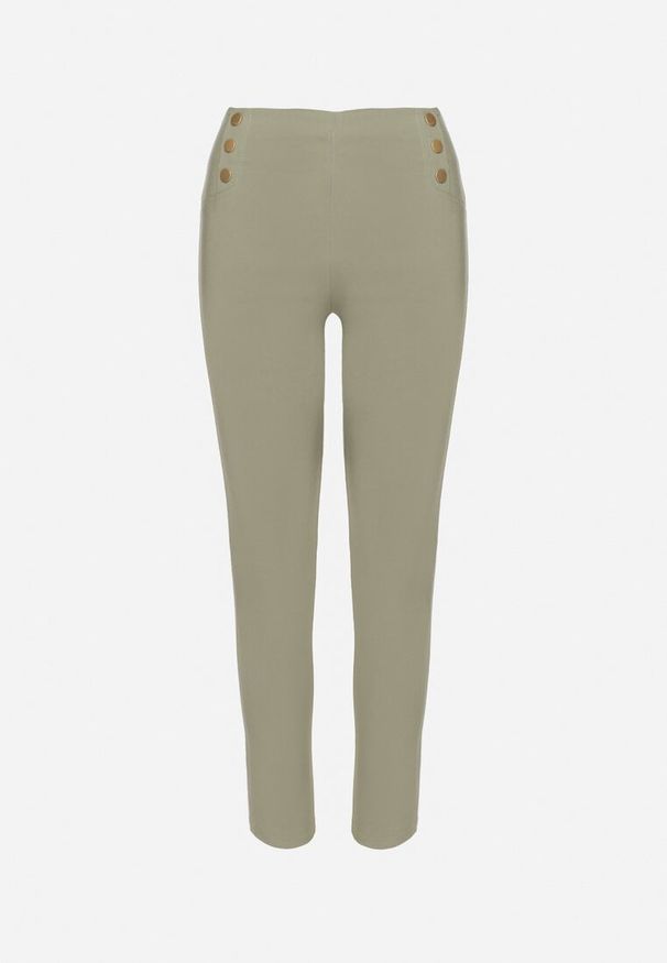 Born2be - Zielone Dopasowane Spodnie z Bawełną Wysokim Stanem i Guzikami Arrioliana. Okazja: na co dzień. Stan: podwyższony. Kolor: zielony. Materiał: bawełna. Styl: klasyczny, casual, elegancki