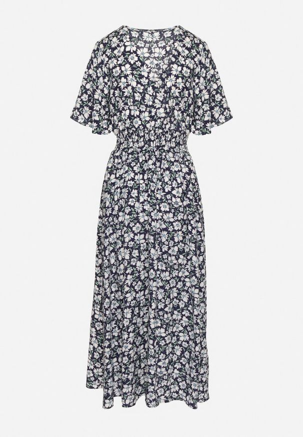 Born2be - Granatowa Kopertowa Sukienka w Kwiatowy Wzór o Rozkloszowanym Kroju Valriz. Okazja: na co dzień, na spotkanie biznesowe, na randkę. Typ kołnierza: dekolt w serek. Kolor: niebieski. Długość rękawa: krótki rękaw. Wzór: kwiaty. Typ sukienki: kopertowe. Styl: klasyczny, casual, biznesowy, elegancki