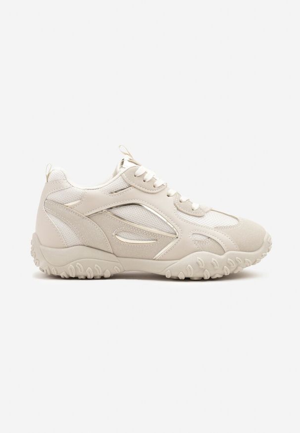 Renee - Beżowe Sneakersy Ozdobione Tłoczoną Cholewką Pillitha. Okazja: na co dzień. Kolor: beżowy. Materiał: jeans. Szerokość cholewki: normalna. Wzór: aplikacja. Obcas: na płaskiej podeszwie