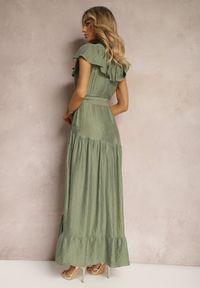 Renee - Zielona Sukienka z Materiałowym Paskiem i Wiskozą Wykończona Guzikami i Falbanką Hanesi. Okazja: na co dzień. Kolor: zielony. Materiał: materiał, wiskoza. Styl: elegancki, casual #5