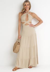 Born2be - Beżowa Rozkloszowana Sukienka z Wycięciami i Wiązaniem Abisal. Kolor: beżowy #5