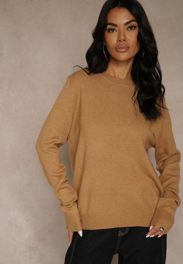 Renee - Brązowy Klasyczny Sweter z Wełną i Bawełną Bez Zdobień Neandia. Kolor: brązowy. Materiał: wełna, bawełna. Wzór: aplikacja. Styl: klasyczny