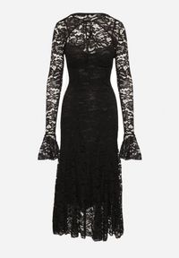 Born2be - Czarna Koronkowa Sukienka o Rozkloszowanym Kroju z Wiązanym Bolerkiem Gonneth. Okazja: na ślub cywilny, na wesele. Typ kołnierza: dekolt w kształcie V. Kolor: czarny. Materiał: koronka. Długość rękawa: na ramiączkach. Typ sukienki: rozkloszowane #6