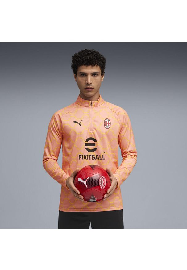 Puma - Męska bluza przedmeczowa z zamkiem 1/4 AC Milan PUMA Pink Fruit Sunny Yellow. Kolor: różowy. Sport: piłka nożna