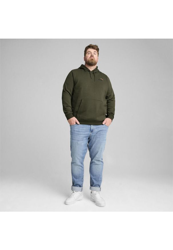 Puma - Męska bluza z kapturem i małym dwukolorowym logo Essentials+ PUMA. Typ kołnierza: kaptur. Kolor: zielony