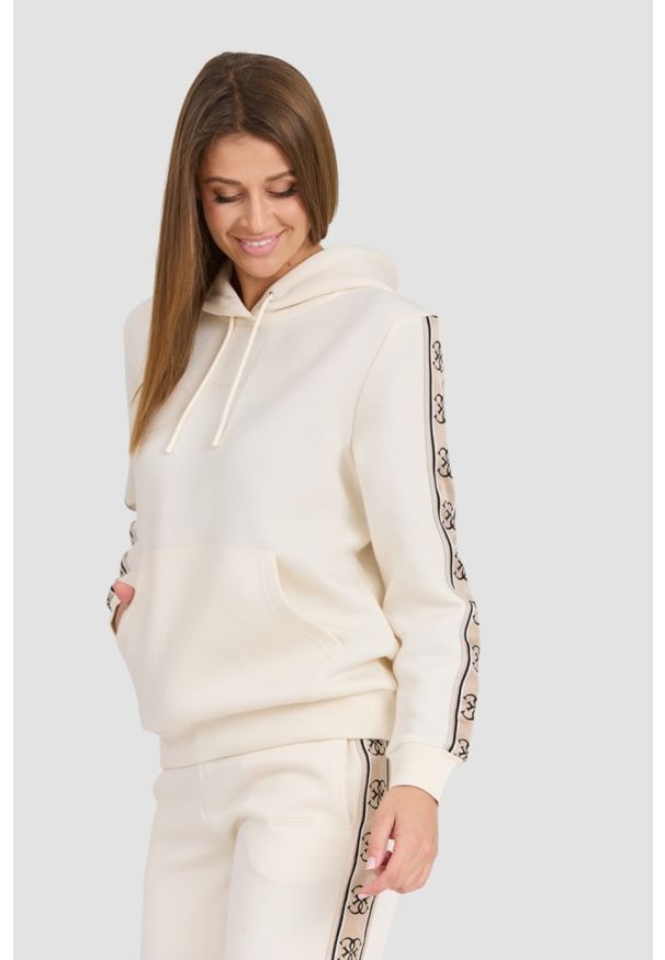 Guess - GUESS Beżowa damska bluza Carla Hooded, Rozmiar XS. Kolor: beżowy. Materiał: poliester, bawełna, materiał