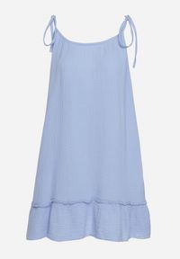 Born2be - Niebieska Rozkloszowana Muślinowa Sukienka z Bawełny na Wiązanych Ramiączkach Wirvia. Okazja: na spacer. Typ kołnierza: dekolt w kształcie V. Kolor: niebieski. Wzór: aplikacja. Typ sukienki: rozkloszowane. Materiał: bawełna. Długość rękawa: na ramiączkach. Sezon: lato. Styl: elegancki #7