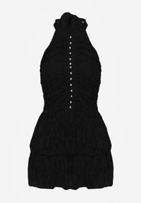 Renee - Czarna Sukienka Halter z Koronki Zdobiona Metalicznymi Guziczkami Corrarea. Typ kołnierza: dekolt halter. Kolor: czarny. Materiał: koronka. Wzór: aplikacja, koronka #5