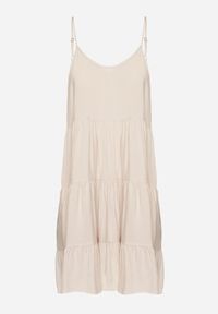 Born2be - Jasnobeżowa Rozkloszowana Sukienka z Bawełny na Ramiączkach z Falbanami Lilivane. Okazja: na co dzień, na spacer. Kolor: beżowy. Materiał: bawełna. Długość rękawa: na ramiączkach. Sezon: wiosna, lato. Typ sukienki: proste. Styl: casual #6