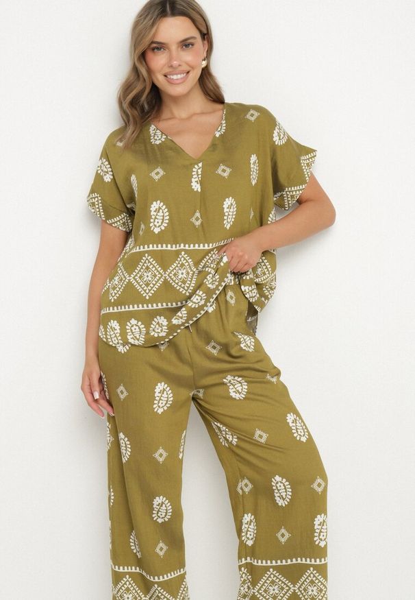 Born2be - Zielono-Biały Bawełniany Komplet Koszula i Szerokie Spodnie w Stylu Boho Ollirive. Kolor: zielony. Materiał: bawełna. Wzór: aplikacja