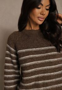 Renee - Brązowy Sweter z Dodatkiem Wełny Ozdobiony Paskami Liatella. Okazja: na co dzień. Kolor: brązowy. Materiał: wełna. Wzór: aplikacja. Styl: street, casual, klasyczny, elegancki #4