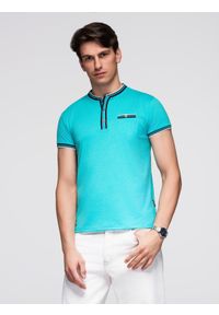 Ombre Clothing - T-shirt męski henley ozdobnymi ściągaczami - turkusowy V7. Okazja: na co dzień. Typ kołnierza: typu henley. Kolor: turkusowy. Materiał: żakard, poliester, materiał, elastan, jedwab, wiskoza. Wzór: paski, kolorowy, aplikacja. Styl: casual, klasyczny