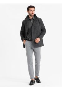 Ombre Clothing - Krótki dwurzędowy męski płaszcz z wełną – grafitowy V1. Okazja: na co dzień. Kolor: szary. Materiał: wełna. Długość: krótkie. Wzór: ze splotem, paski. Sezon: zima. Styl: casual, elegancki