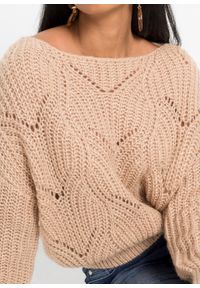 Sweter oversize w ażurowy wzór bonprix bezowy. Kolor: beżowy. Wzór: ażurowy #3