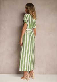 Renee - Zielona Pudełkowa Sukienka z Wiskozą z Motywem Pasków i Wiązaniem Lumierae. Okazja: na co dzień. Kolor: zielony. Materiał: wiskoza. Styl: elegancki, casual #3