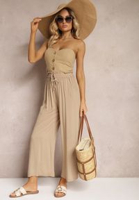 Renee - Beżowe Spodnie Palazzo High Waist z Bawełny Wykończone Gumką w Talii Nellsea. Okazja: na co dzień. Stan: podwyższony. Kolor: beżowy. Materiał: bawełna. Styl: casual, elegancki