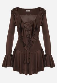 Born2be - Brązowa Taliowana Sukienka Zdobiona Falbankami Tiraneda. Okazja: na imprezę. Typ kołnierza: kołnierz z falbankami. Kolor: brązowy. Wzór: aplikacja. Typ sukienki: proste. Styl: elegancki #7