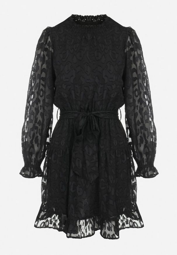 Born2be - Czarna Sukienka Koronkowa Wiązana w Pasie Mova. Kolor: czarny. Materiał: koronka. Wzór: motyw zwierzęcy, nadruk. Długość: mini