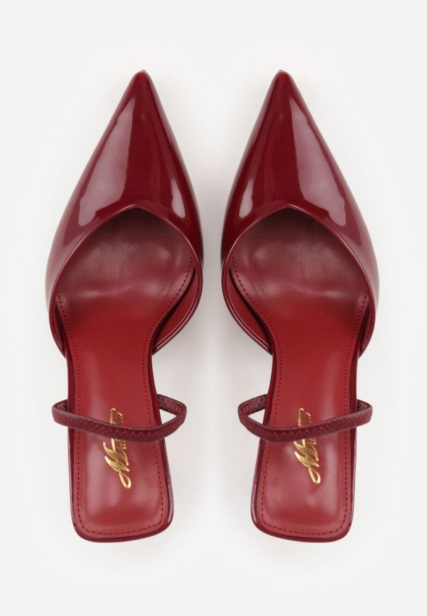 Renee - Bordowe Szpilki z Odkrytą Piętą i Lakierowanym Połyskiem Kianise. Okazja: na co dzień, na imprezę. Kolor: czerwony. Materiał: lakier. Obcas: na szpilce. Styl: rockowy, elegancki, casual, wizytowy