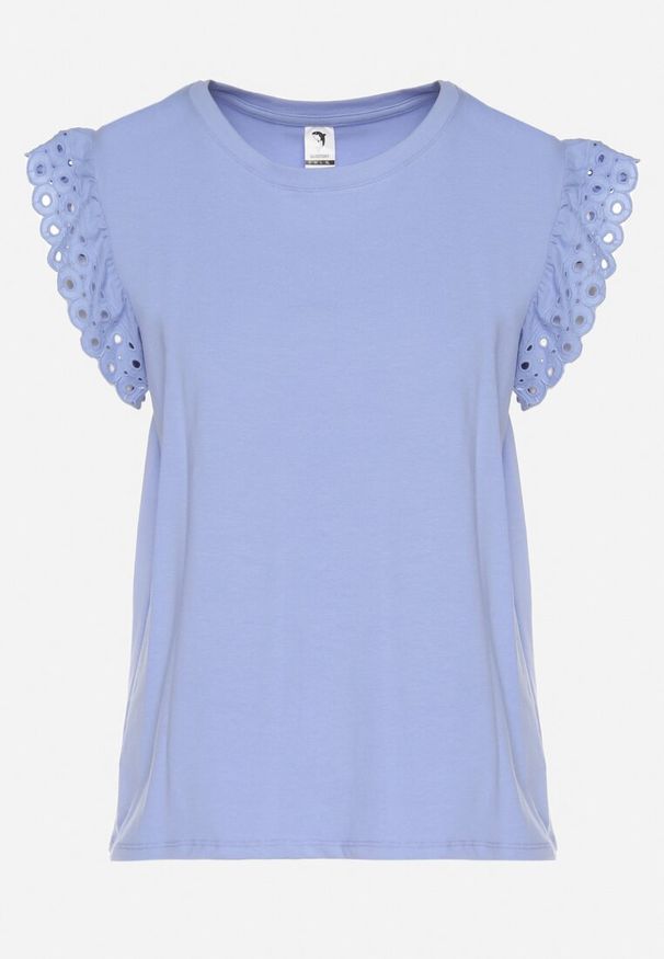 Born2be - Jasnoniebieska Bluzka z Bawełny z Ażurowymi Falbankami Zamiast Rękawów Vodelia. Typ kołnierza: kołnierz z falbankami. Kolor: niebieski. Materiał: bawełna. Wzór: ażurowy