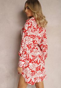 Renee - Czerwono-Biała Mini Sukienka o Rozkloszowanym Koszulowym Fasonie w Kwiatowy Print Enda. Kolor: czerwony. Materiał: materiał. Wzór: kwiaty, nadruk. Typ sukienki: koszulowe. Długość: mini #5