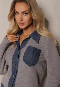 Renee - Ciemnoszary Rozpinany Kardigan z Wełną Bawełną i Jeansowymi Wstawkami Edelissa. Okazja: na co dzień. Kolor: szary. Materiał: wełna, jeans, bawełna. Styl: casual, elegancki