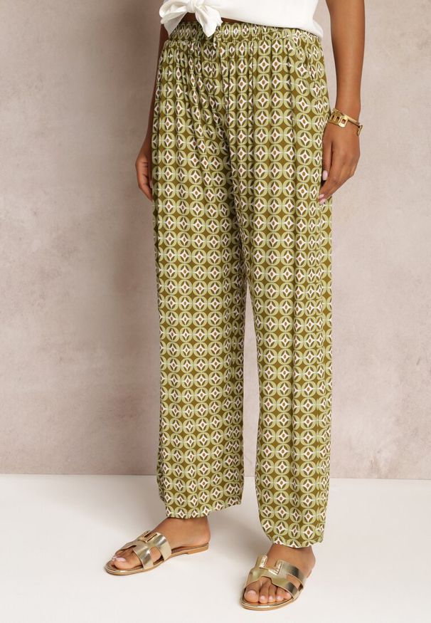 Renee - Zielone Wiskozowe Spodnie z Gumką w Pasie i Szerokimi Nogawkami Ianita. Kolor: zielony. Materiał: wiskoza