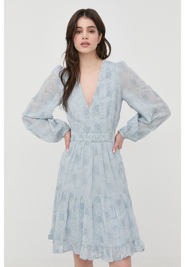 Guess sukienka mini rozkloszowana. Kolor: niebieski. Materiał: tkanina. Długość rękawa: długi rękaw. Typ sukienki: rozkloszowane. Długość: mini