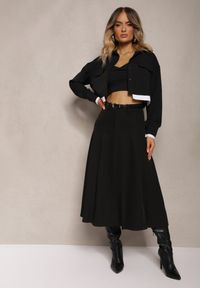 Renee - Czarna Spódnica o Rozkloszowanym Kroju High Waist z Paskiem i Imitacją Kieszeni Rivivia. Okazja: na co dzień. Stan: podwyższony. Kolor: czarny. Styl: elegancki, casual #4