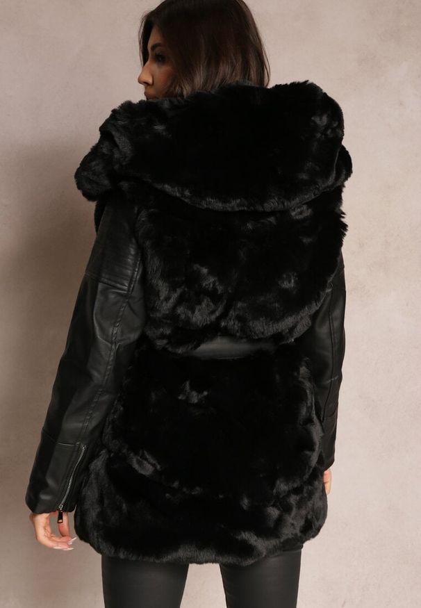 Renee - Czarna Kurtka z Imitacji Skóry Ozdobiona Futerkiem Wiązana w Pasie Veliusta. Kolor: czarny. Materiał: futro, skóra. Wzór: aplikacja. Styl: elegancki