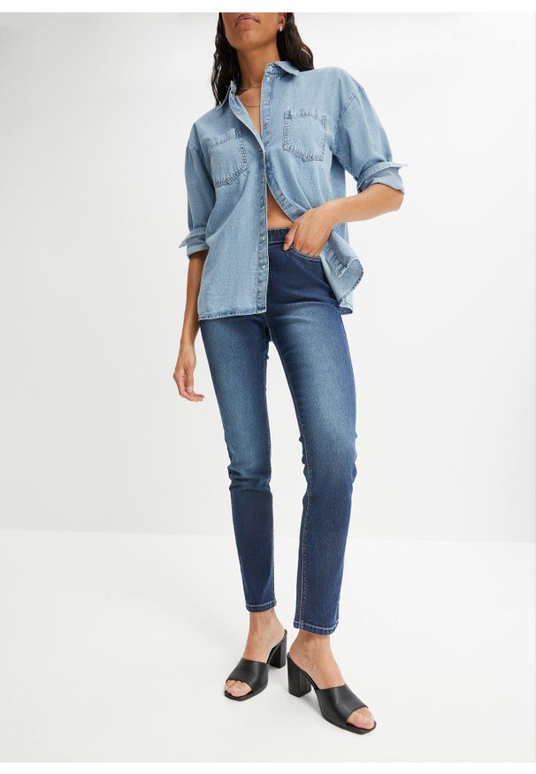 bonprix - Dżinsy Skinny mid waist, z wygodnym paskiem. Kolor: niebieski