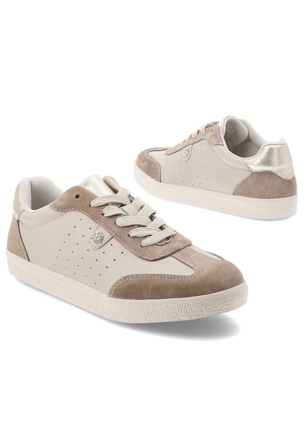 Sneakersy damskie S.Barski, sportowe ze skóry naturalnej wstawki zamszowe perforowana cholewka sznurowane lekka podeszwa casual, beżowe, LR61-7091. Okazja: na co dzień. Zapięcie: sznurówki. Kolor: beżowy. Materiał: skóra, zamsz. Szerokość cholewki: normalna. Sport: turystyka piesza