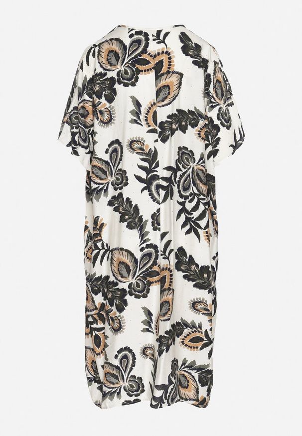 Born2be - Ciemnozielona Sukienka z Lnem i Wiskozą Ozdobiona Cyrkoniami Sadelune. Okazja: na co dzień. Typ kołnierza: dekolt w serek. Kolor: zielony. Materiał: wiskoza, len. Wzór: aplikacja. Styl: elegancki, klasyczny, casual