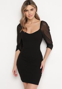 Born2be - Czarna Bawełniana Dopasowana Sukienka Mini z Przeźroczystymi Rękawami 3/4 Ferdiana. Okazja: na imprezę. Kolor: czarny. Materiał: bawełna. Typ sukienki: dopasowane. Styl: elegancki. Długość: mini #1