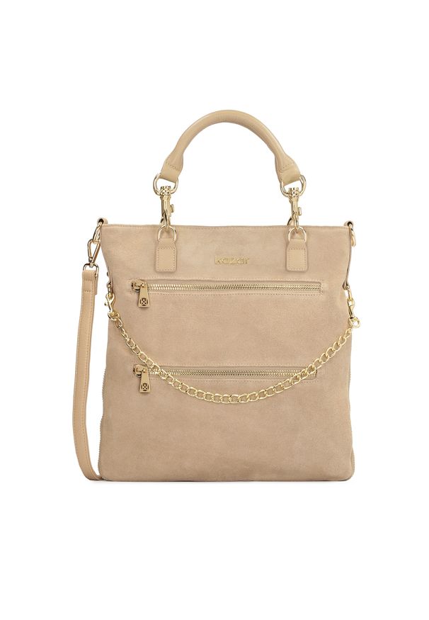 Kazar - Duża skórzana torebka z odpinanymi rączkami. Kolor: beżowy. Materiał: zamszowe, skórzane. Rozmiar: duże