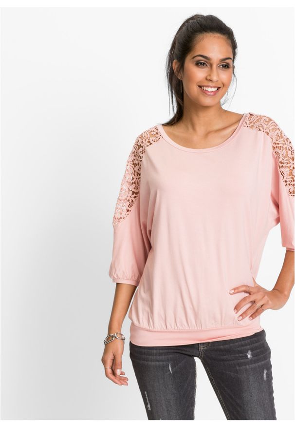 bonprix - Shirt oversize z koronką. Kolor: różowy. Materiał: koronka. Wzór: koronka