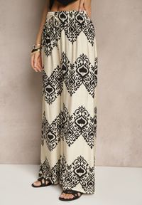 Renee - Czarne Spodnie z Wiskozy o Szerokim Kroju High Waist ze Wzorem Boho Neolissea. Okazja: na co dzień, na spacer. Stan: podwyższony. Kolor: czarny. Materiał: wiskoza. Sezon: lato. Styl: boho #4