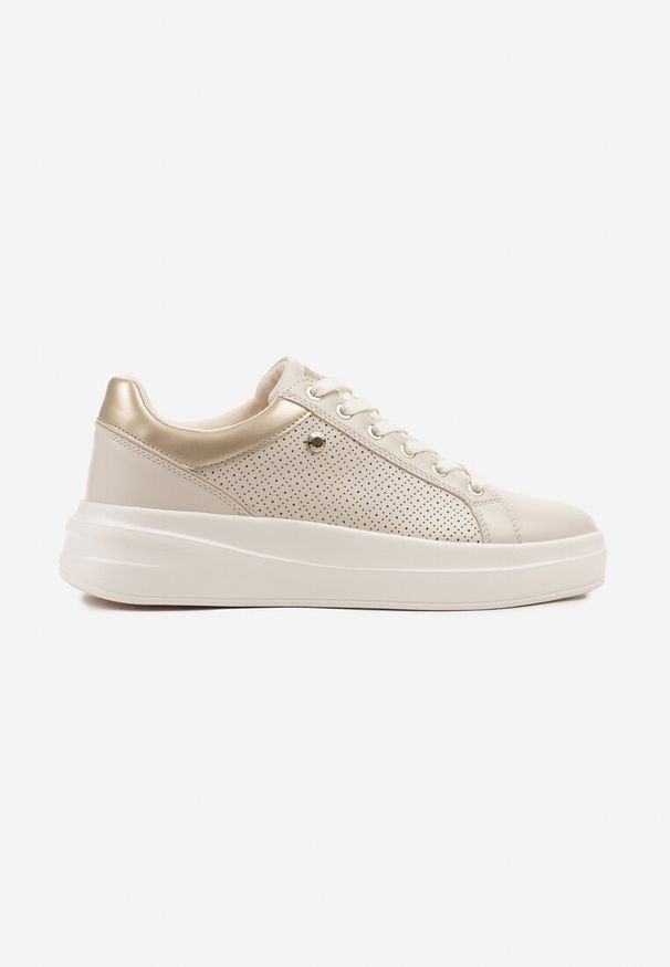 Born2be - Jasnobeżowe Sneakersy w Stylu Tenisówek na Grubej Podeszwie Zdobione Perforacją Marailia. Okazja: na co dzień. Kolor: beżowy. Wzór: aplikacja