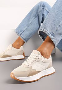 Renee - Ciemnobeżowe Sneakersy z Siateczkową Wstawką na Nosku Hlimeltia. Kolor: beżowy. Materiał: jeans, dresówka #3