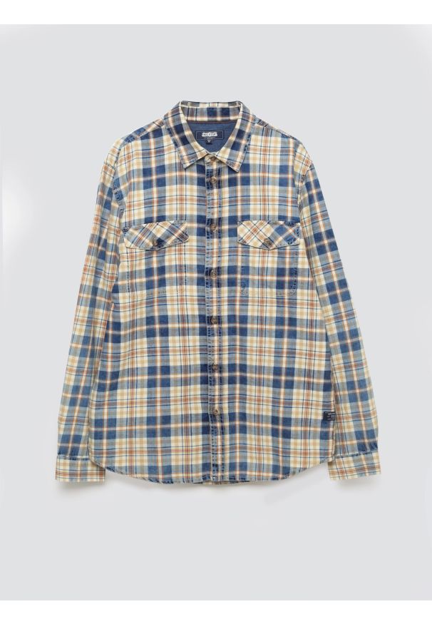 Big-Star - Koszula męska bawełniana w kratę beżowo-granatowa Kolisew 800. Kolor: beżowy. Materiał: bawełna. Długość rękawa: długi rękaw. Długość: długie. Wzór: kratka. Styl: vintage, elegancki