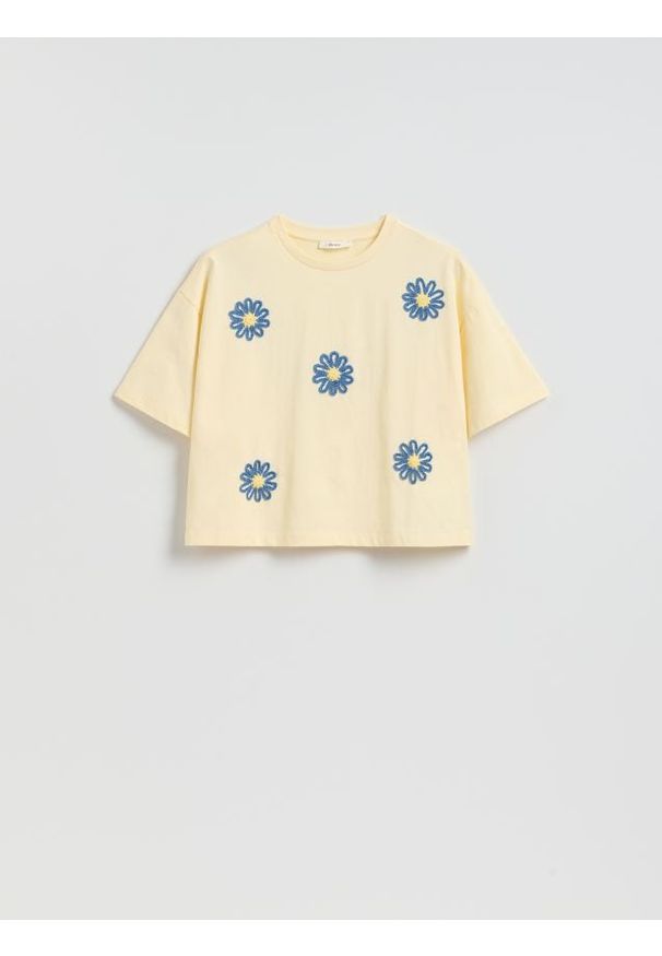 Reserved - Bawełniany t-shirt z aplikacją - jasnożółty. Kolor: żółty. Materiał: bawełna. Wzór: aplikacja