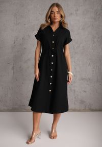Renee - Czarna Koszulowa Sukienka z Wiskozą i Bawełną Ściągana w Talii Corralure. Kolor: czarny. Materiał: wiskoza, bawełna. Sezon: wiosna, lato. Typ sukienki: koszulowe. Styl: klasyczny, elegancki #4