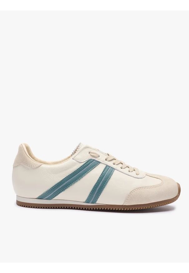 Ryłko - Kremowe półbuty sportowe z turkusowym paskiem. Okazja: na co dzień. Nosek buta: okrągły. Zapięcie: pasek. Kolor: beżowy. Materiał: skóra. Styl: sportowy