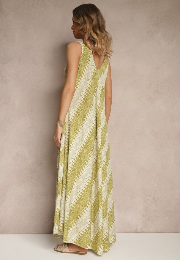 Renee - Zielona Rozkloszowana Sukienka z Geometrycznym Wzorem Lumire. Kolor: zielony. Materiał: skóra. Wzór: geometria. Styl: elegancki