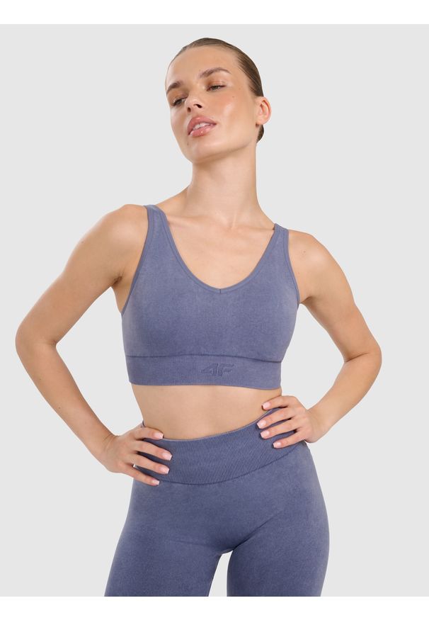 4f - 4F Biustonosz do jogi i pilatesu ze średnim wsparciem damski - granatowy M/L. Kolor: niebieski. Materiał: guma, włókno, syntetyk, materiał. Rodzaj stanika: wyciągane miseczki. Sport: joga i pilates