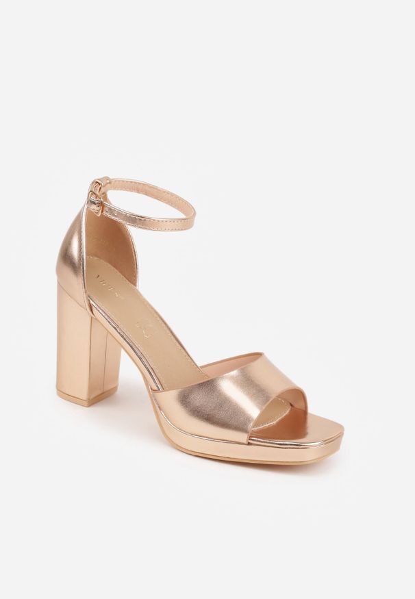 Renee - Szampańskie Sandały VICES na Słupku i Grubej Podeszwie z Wkładką ze Skóry Naturalnej Adeia. Okazja: na urodziny, na wesele, na ślub cywilny, na imprezę. Zapięcie: pasek. Kolor: złoty. Materiał: skóra. Sezon: lato. Obcas: na słupku. Styl: elegancki