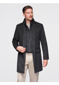 Ombre Clothing - Długi rozpinany męski płaszcz z wełną – grafitowy V2 - Rozmiar: M. Kolor: szary. Materiał: wełna. Długość: długie. Sezon: zima. Styl: elegancki
