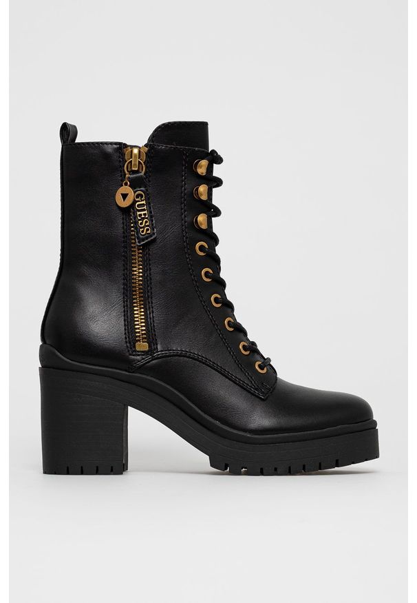 Guess - Botki. Zapięcie: sznurówki. Kolor: czarny. Materiał: skóra, guma. Obcas: na obcasie. Wysokość obcasa: średni